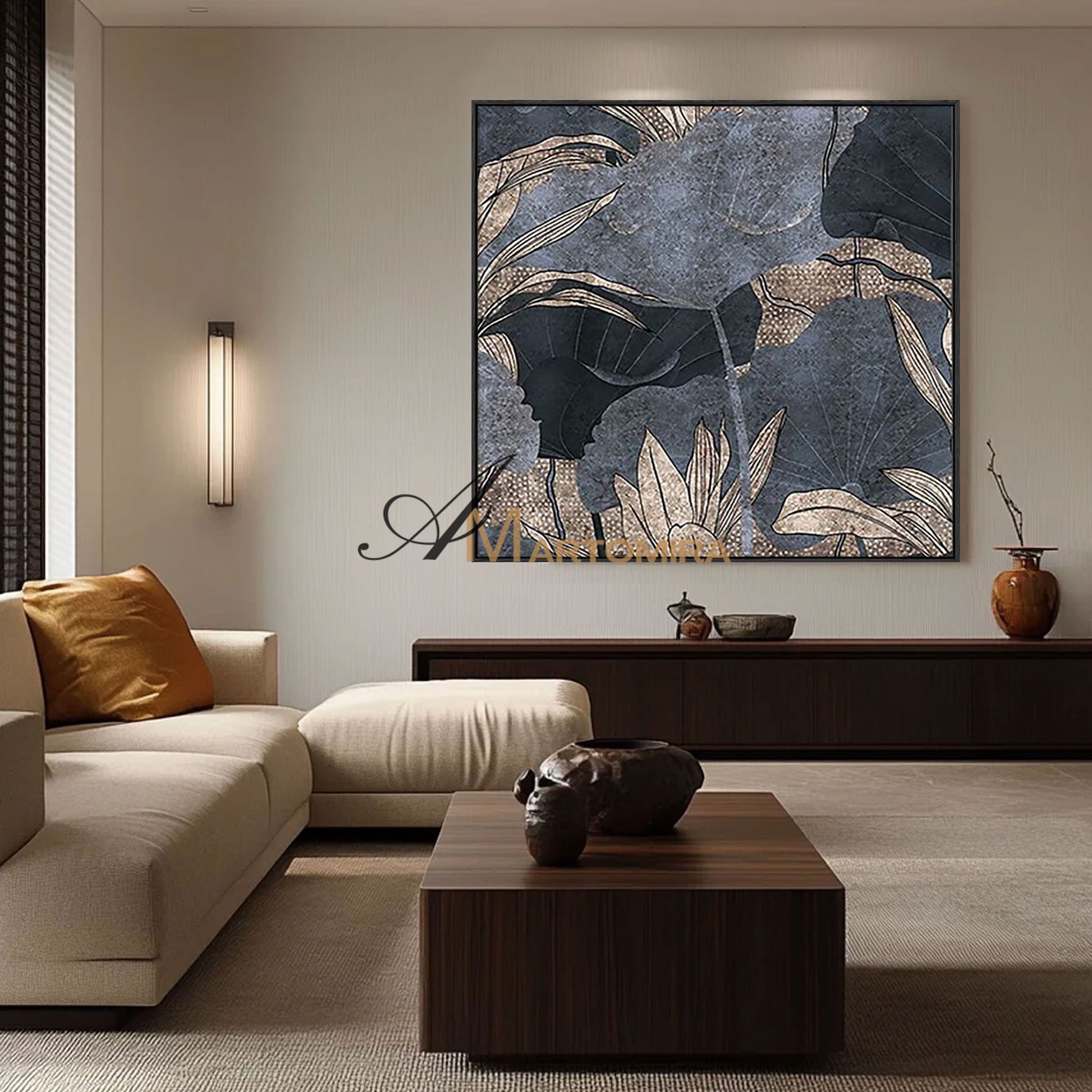 Floral Wall Art | Blue And Gold Abstract Paintings | Lotus Flower Painting | Large Acrylic Paint #MF014