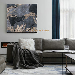 Floral Wall Art | Blue And Gold Abstract Paintings | Lotus Flower Painting | Large Acrylic Paint #MF014