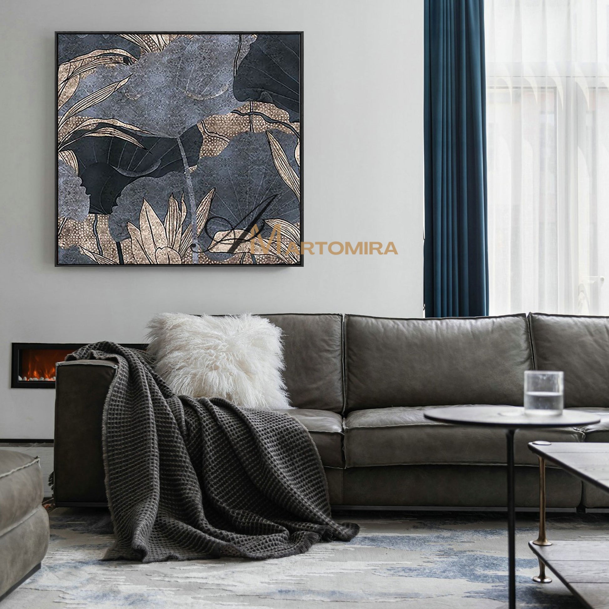 Floral Wall Art | Blue And Gold Abstract Paintings | Lotus Flower Painting | Large Acrylic Paint #MF014