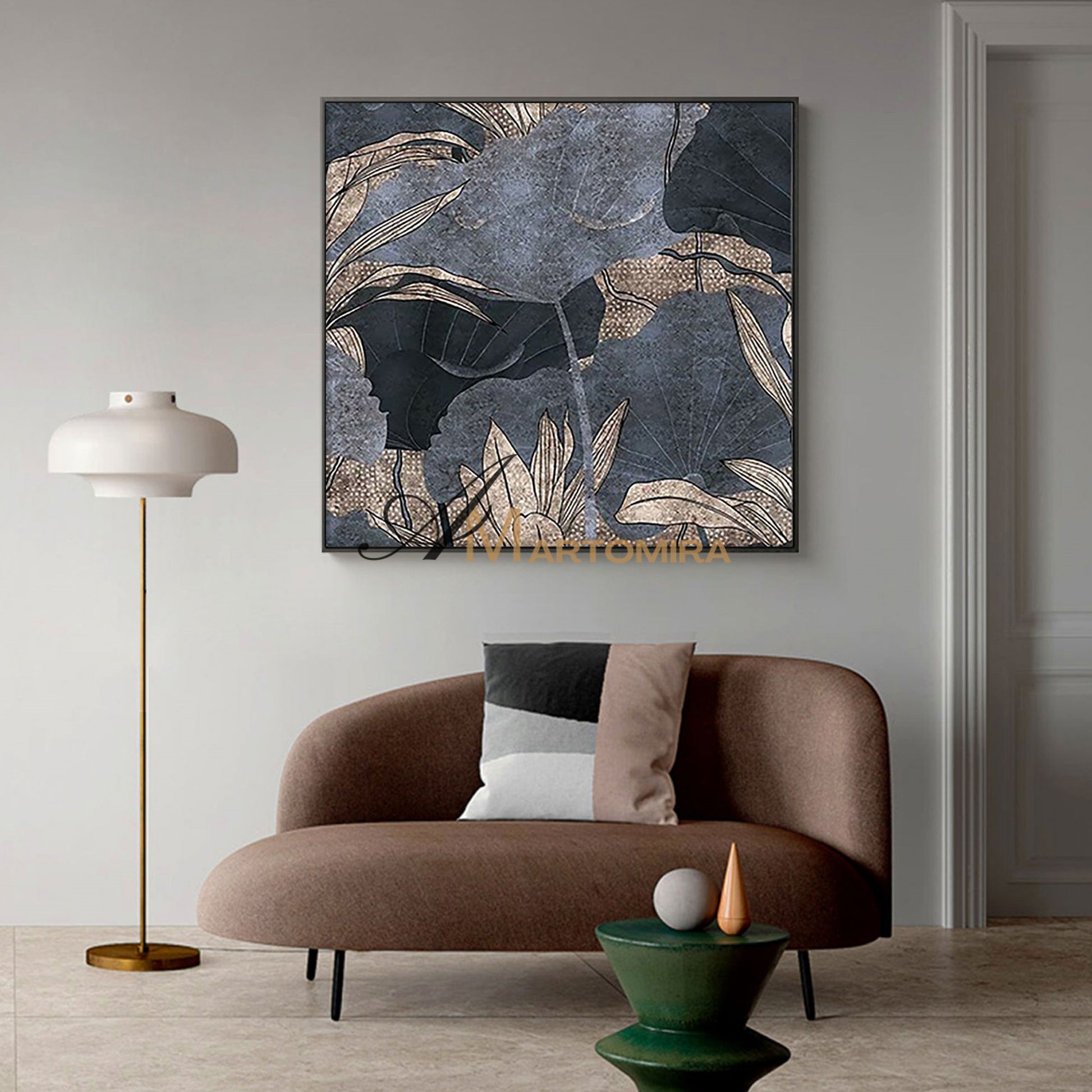 Floral Wall Art | Blue And Gold Abstract Paintings | Lotus Flower Painting | Large Acrylic Paint #MF014