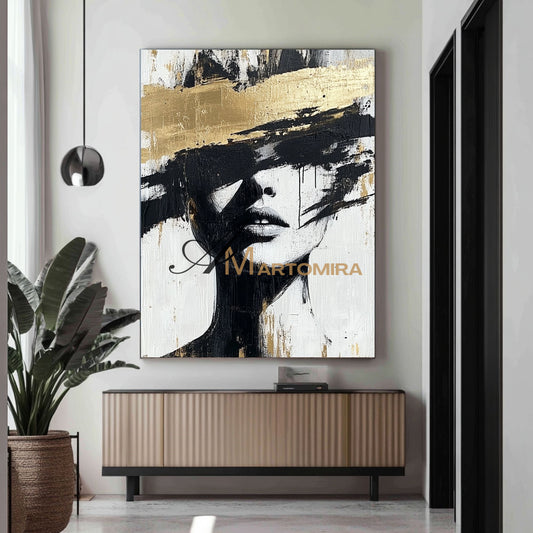 Abstraktes Gemälde einer Frau | Porträtmalerei | Gemälde einer Frau in Gold | Wandbild auf Leinwand #AP002