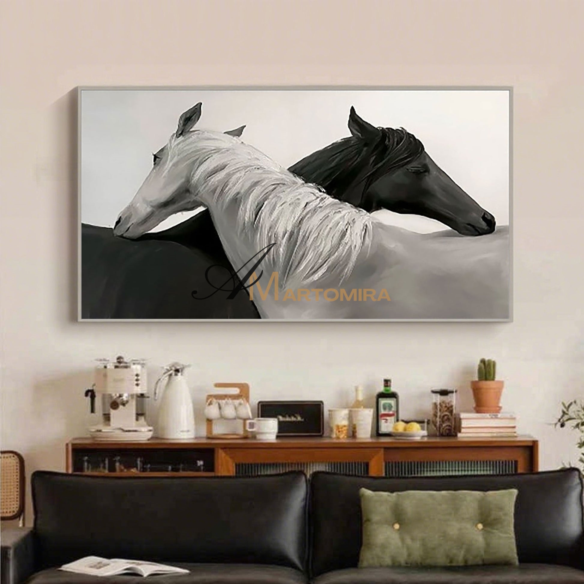 Horse Wall Art | Black And White Canvas Art | Horse Paintings On Canvas | Large Horizontal Wall Art #MF017