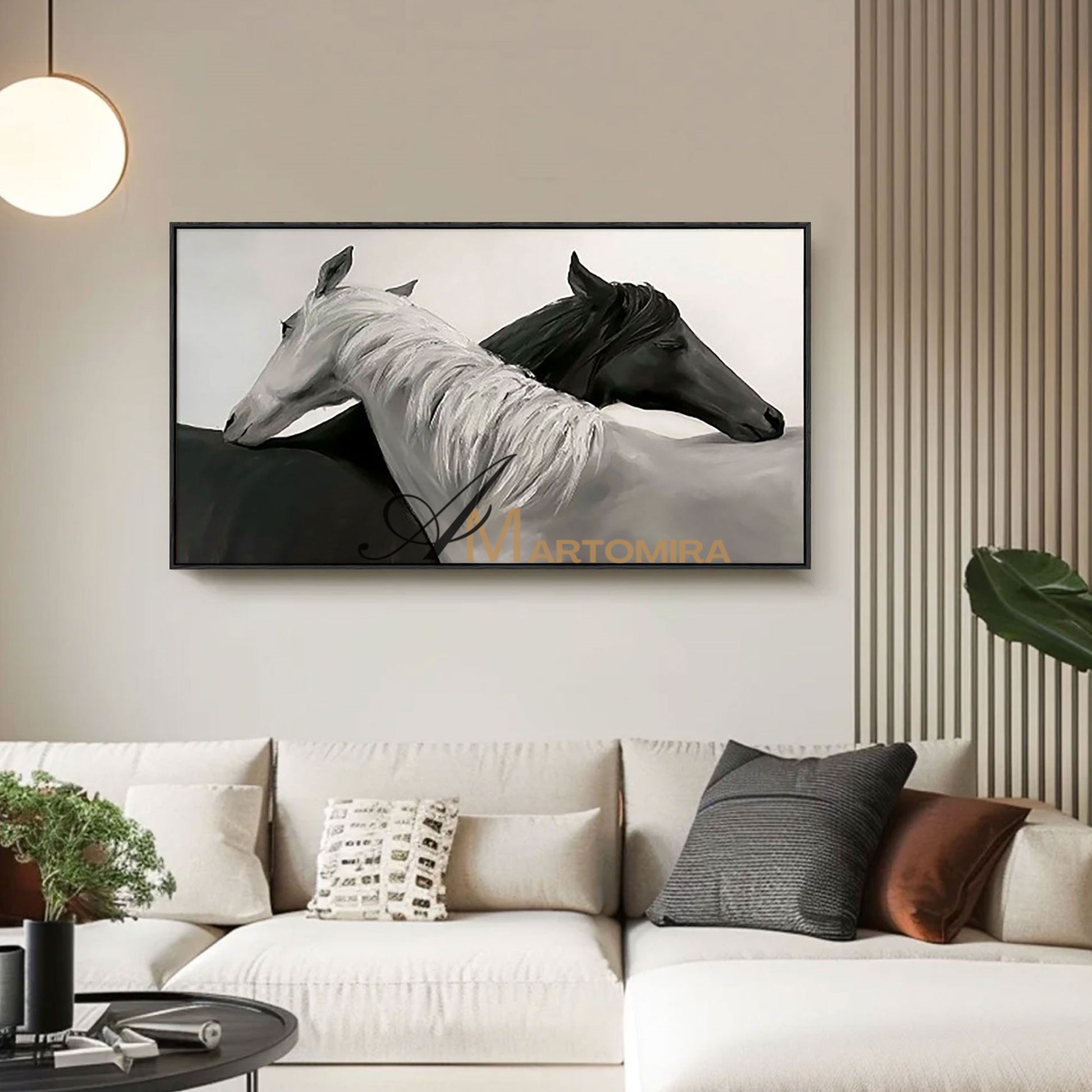 Horse Wall Art | Black And White Canvas Art | Horse Paintings On Canvas | Large Horizontal Wall Art #MF017