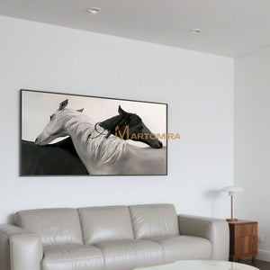 Horse Wall Art | Black And White Canvas Art | Horse Paintings On Canvas | Large Horizontal Wall Art #MF017