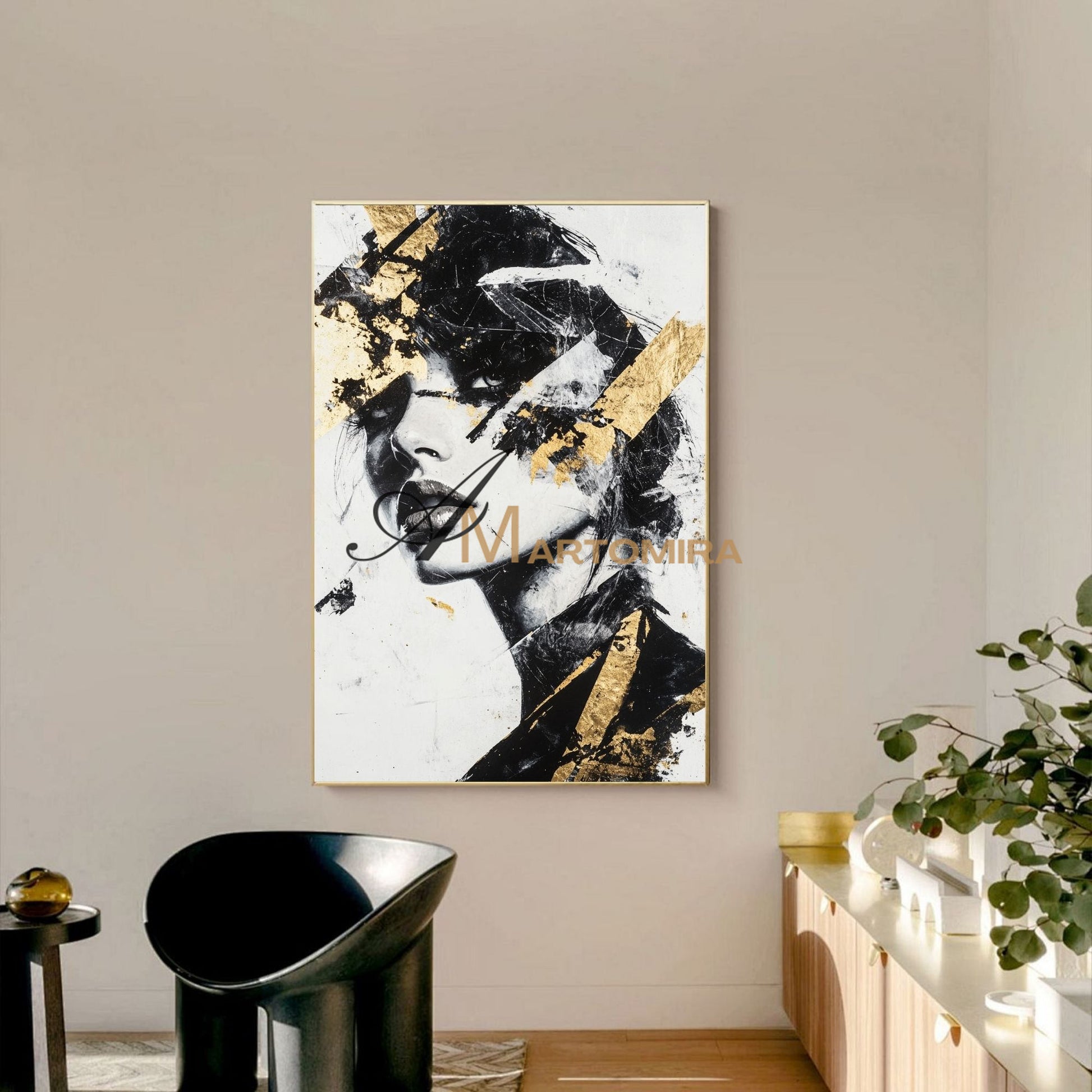 Black And Gold Wall Art | Portraits Painting | Woman Painting | Large Canvas Art #AP003