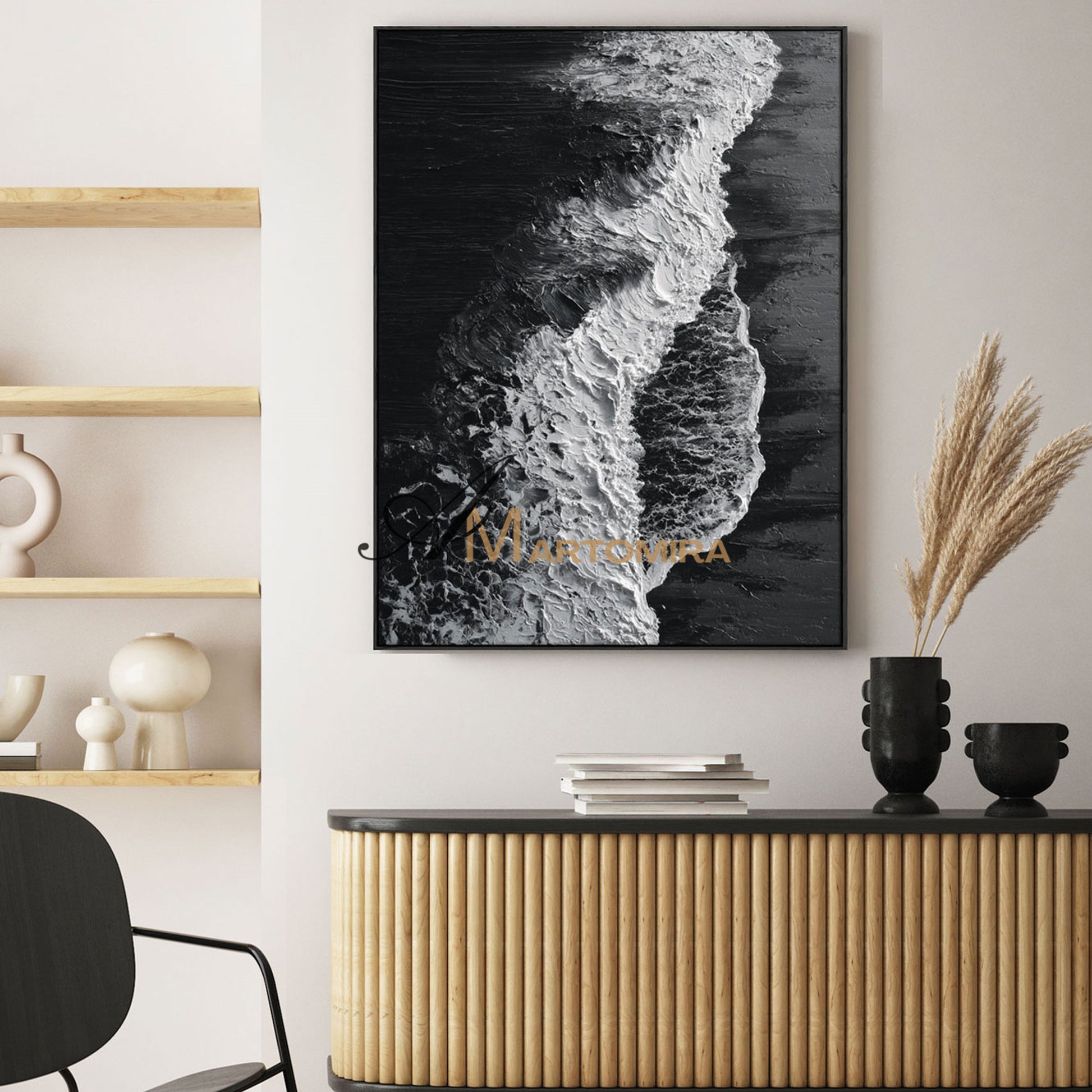 Ocean Wall Art | Black Textured Art | Black And White Abstract Wall Art | Abstract Paintings Of Waves #POS068