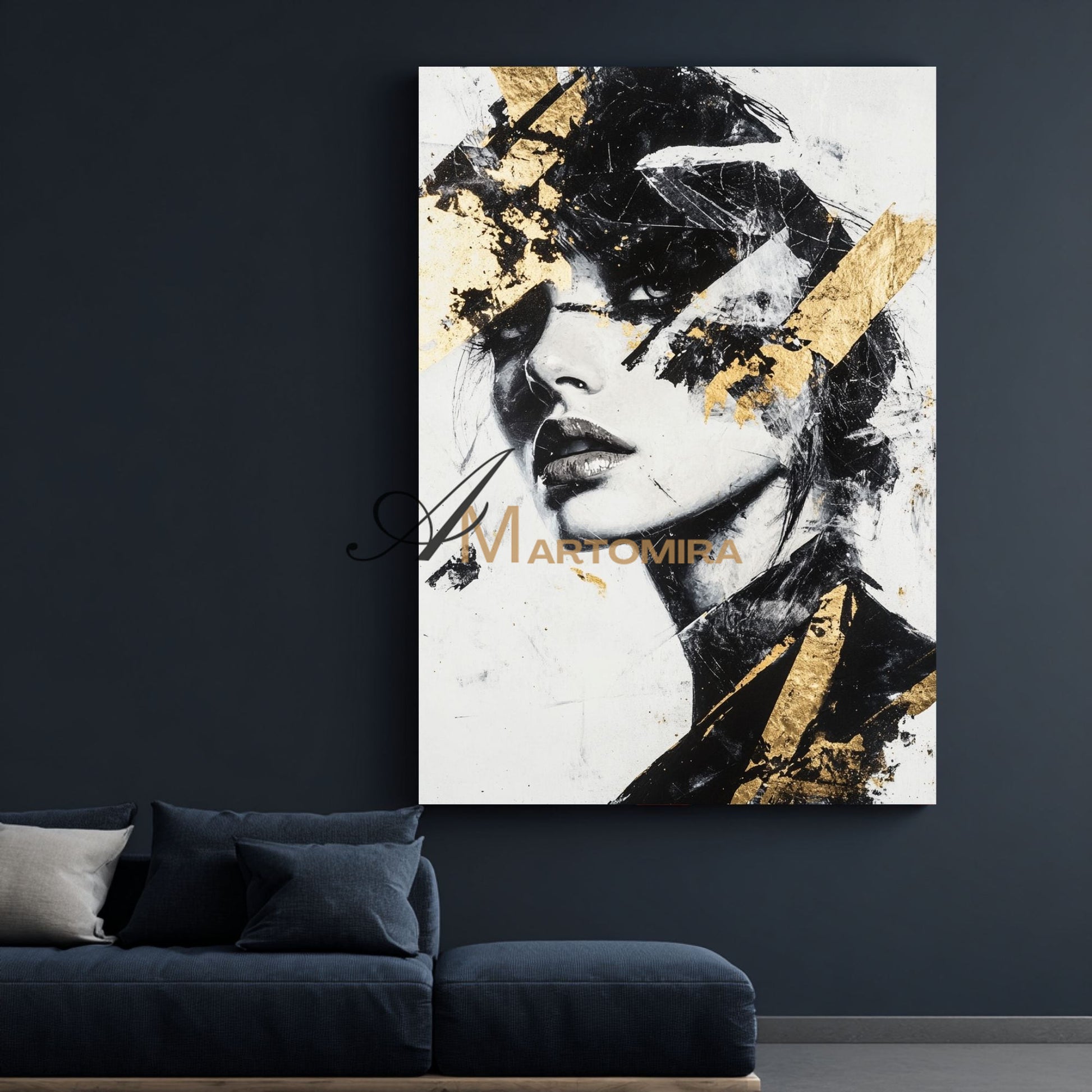 Black And Gold Wall Art | Portraits Painting | Woman Painting | Large Canvas Art #AP003