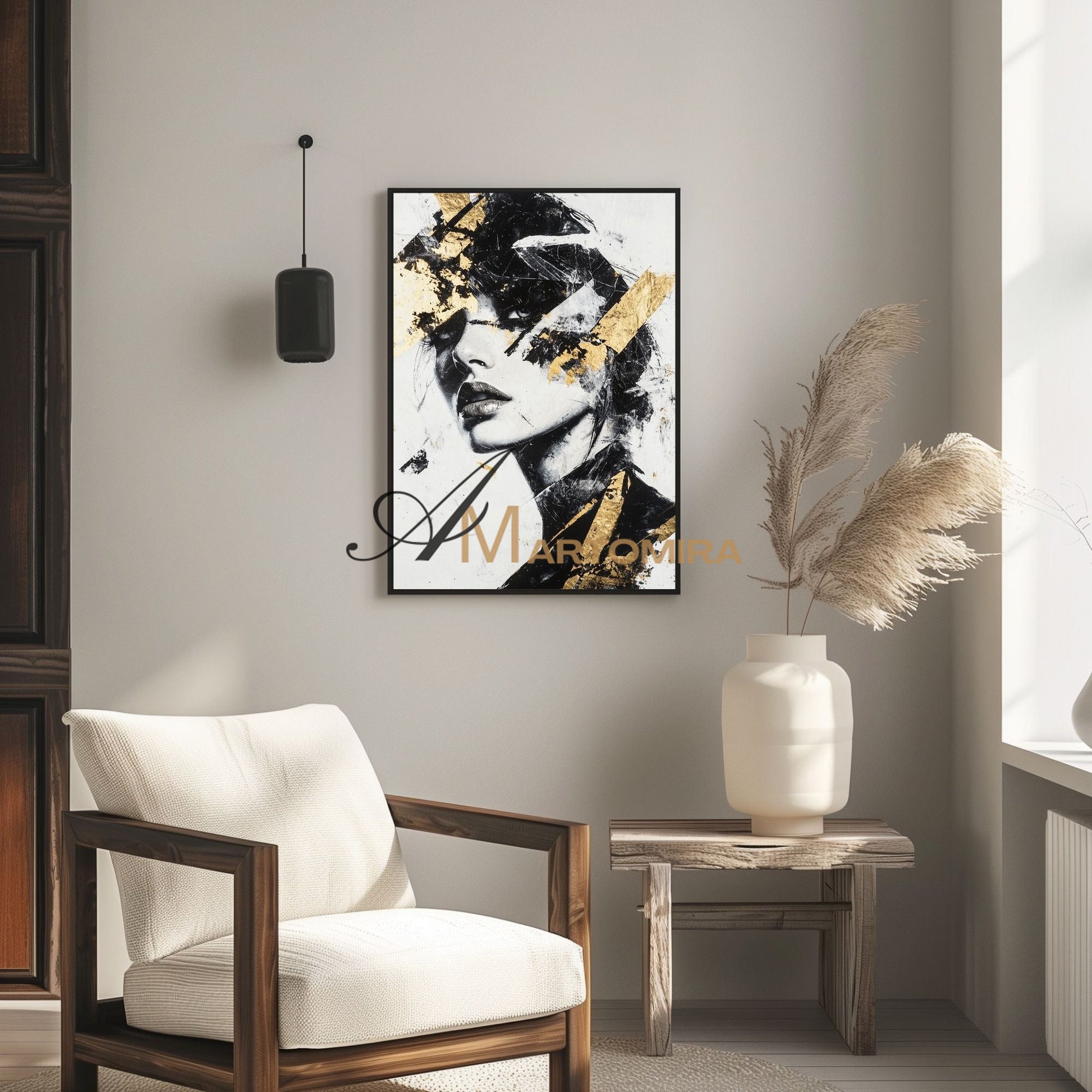 Black And Gold Wall Art | Portraits Painting | Woman Painting | Large Canvas Art #AP003