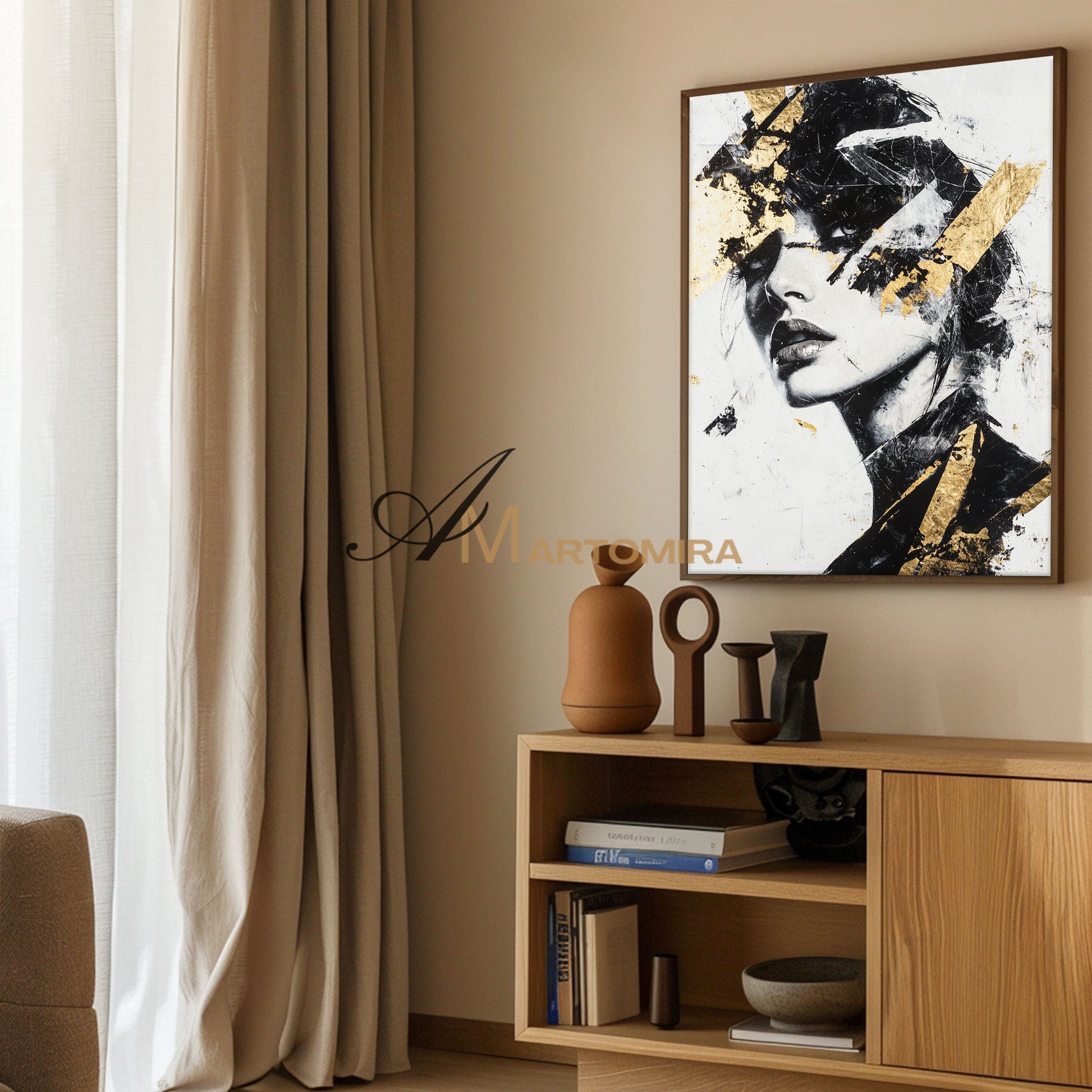 Black And Gold Wall Art | Portraits Painting | Woman Painting | Large Canvas Art #AP003