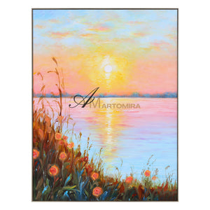 Landschaftsbild für die Wand | Seebild auf Leinwand | Sonnenuntergangsgemälde | Landschaftsgemälde auf Leinwand (Öl) #DF015