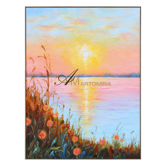Landschaftsbild für die Wand | Seebild auf Leinwand | Sonnenuntergangsgemälde | Landschaftsgemälde auf Leinwand (Öl) #DF015