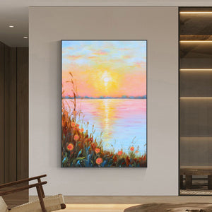 Landscape Wall Art | Lake Canvas Wall Art | Sunset Painting | Landscape Canvas Oil Painting #DF015