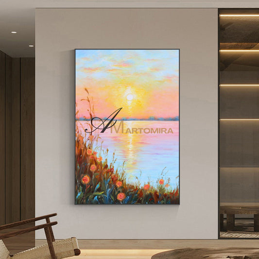 Landschaftsbild für die Wand | Seebild auf Leinwand | Sonnenuntergangsgemälde | Landschaftsgemälde auf Leinwand (Öl) #DF015