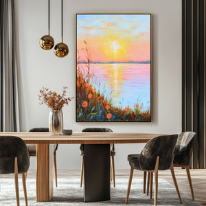 Landscape Wall Art | Lake Canvas Wall Art | Sunset Painting | Landscape Canvas Oil Painting #DF015