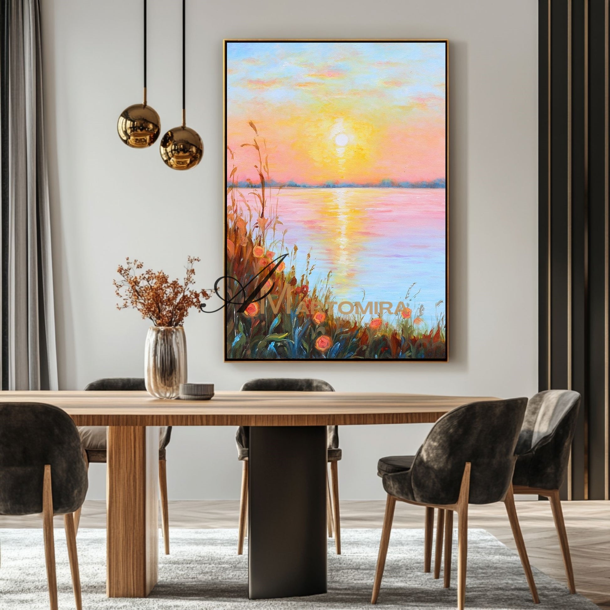 Landschaftsbild für die Wand | Seebild auf Leinwand | Sonnenuntergangsgemälde | Landschaftsgemälde auf Leinwand (Öl) #DF015