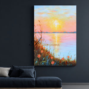 Landschaftsbild für die Wand | Seebild auf Leinwand | Sonnenuntergangsgemälde | Landschaftsgemälde auf Leinwand (Öl) #DF015
