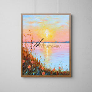 Landschaftsbild für die Wand | Seebild auf Leinwand | Sonnenuntergangsgemälde | Landschaftsgemälde auf Leinwand (Öl) #DF015