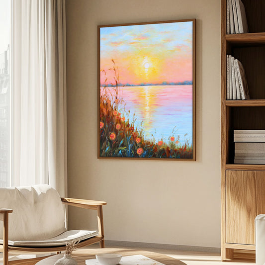 Landscape Wall Art | Lake Canvas Wall Art | Sunset Painting | Landscape Canvas Oil Painting #DF015