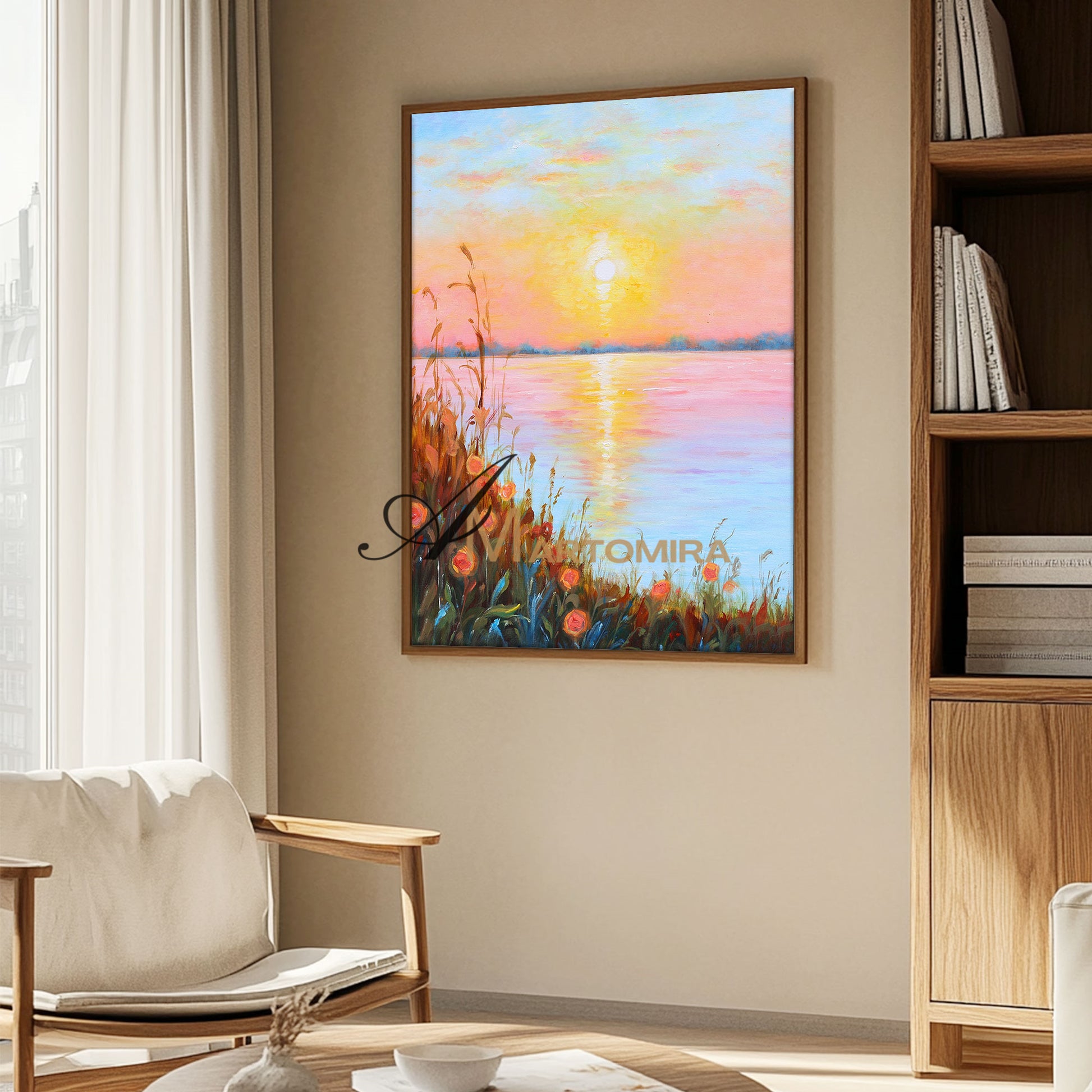 Landschaftsbild für die Wand | Seebild auf Leinwand | Sonnenuntergangsgemälde | Landschaftsgemälde auf Leinwand (Öl) #DF015