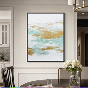 Textured Abstract White Gold Light Teal Vertical Acrylic-Style Wall Art for Living Room
