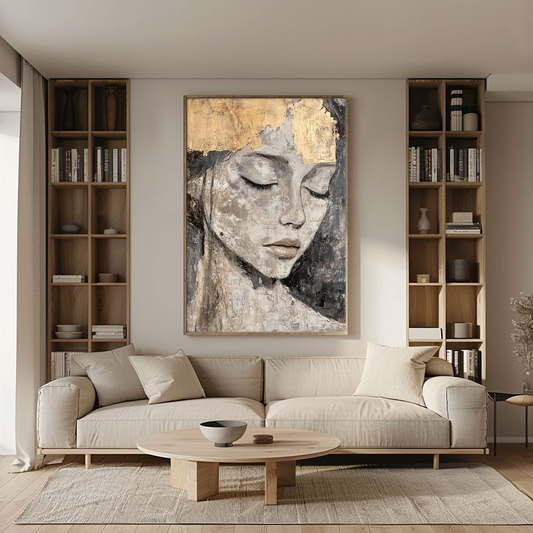 Vintage Textured Woman Portrait Framed Canvas Wall Art, Neutral Aged Female Face Painting with Gold Accents, Elegant Moody Artwork for Living Room Bedroom Office Hallway Dining Room Decor