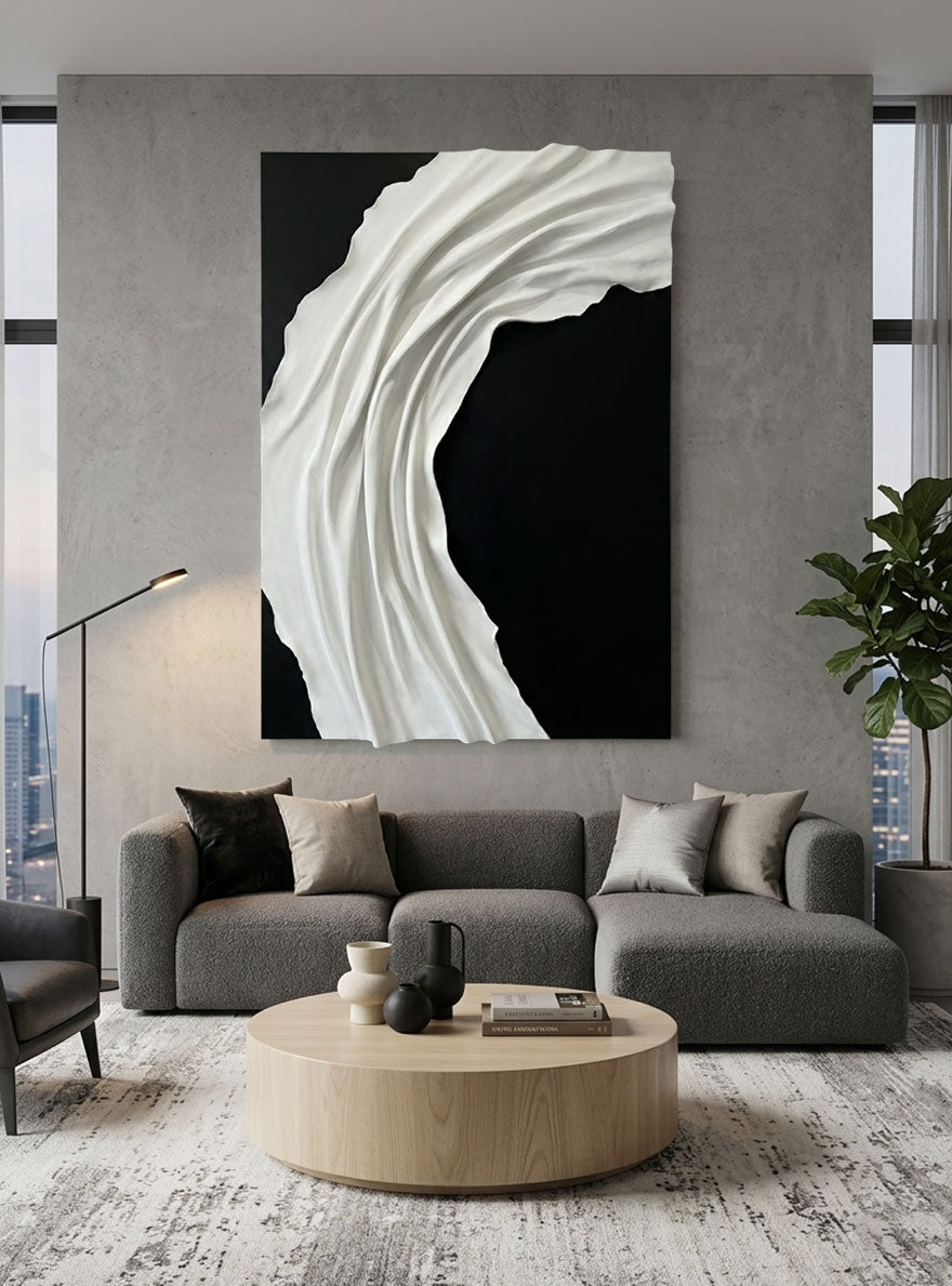 Minimalist Black and White Abstract Textured Wall Art, Modern Neutral Monochrome 3D Wave Relief Decor for Contemporary Living Spaces, Elegant Monotone Vertical Wall Hanging
