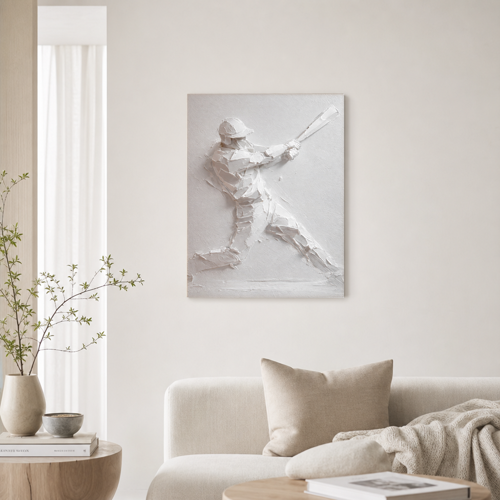 Sport Baseball Player White Textured 3D Relief Plaster-style Vertical Wall Art for Living Room