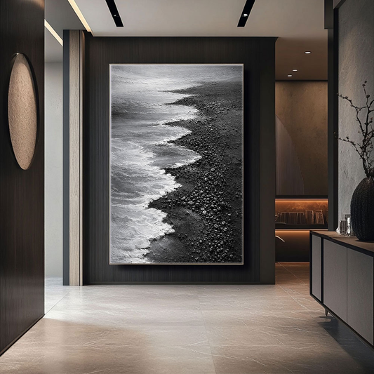 Black and White Coastal Beach Ocean Waves Crashing on Dark Pebble Shore Textured Minimalist Modern Landscape Framed Wall Art for Home Office Decor