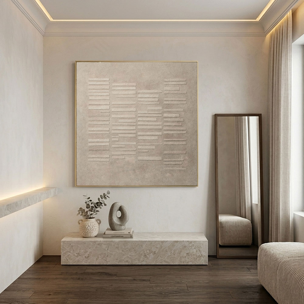 Minimalist Neutral Beige Light Grey Geometric Line Textured Plaster Abstract Square Wall Art for Modern Minimal Living Spaces