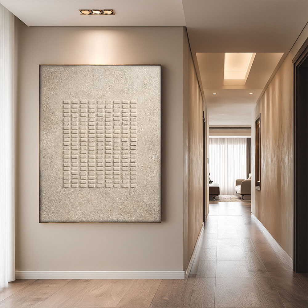 Modern Minimalist Neutral Beige 3D Textured Geometric Lines Plaster Wall Art, Abstract Rectangular Grid Pattern Wabi Sabi Alternative Soft Tone Wall Decor for Calm Spaces
