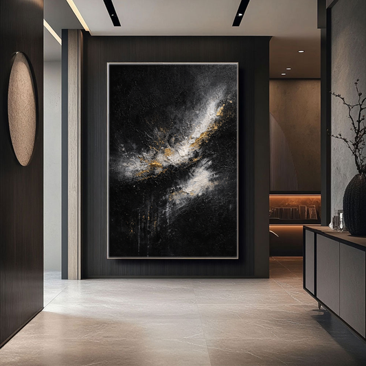 Black Gold White Abstract Textured Impasto Wall Art Modern Minimalist Decorative Painting with Thick Knife Brush Strokes for Contemporary Home Living Room Bedroom Office Hallway Dining Room