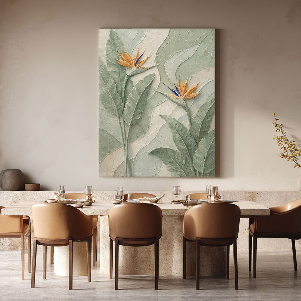 3D Bird of Paradise Flower Textured Plaster Wall Art, Tropical Green and Orange Relief Painting, Modern Nature Inspired Wall Decor for Living Room Bedroom Office Dining Hallway, Muted Neutral Base with Bold Tropical Accents