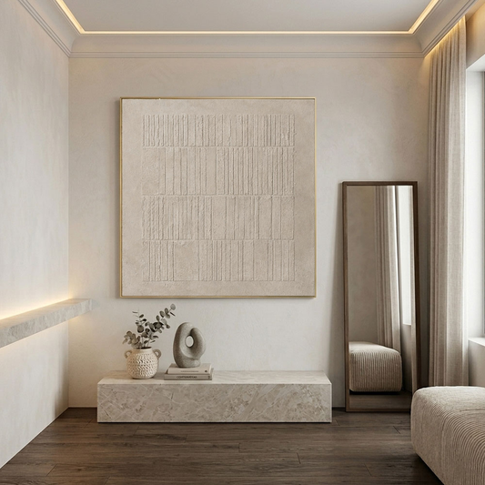 Minimalist Beige Geometric Line Textured Plaster Wall Art Abstract Neutral Tone Square Relief Artwork for Modern Living Room Bedroom Office Dining Room Hallway Wabi Sabi Inspired