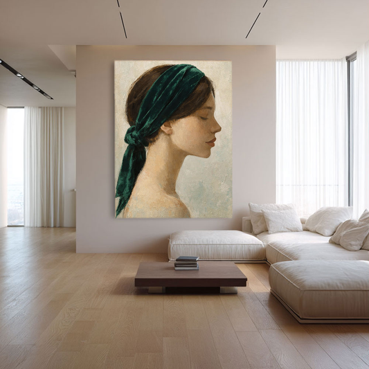 Vintage Female Profile Portrait Wall Art Serene Woman with Emerald Green Velvet Headband Textured Acrylic Painting Muted Beige Soft Background Elegant Aesthetic for Home Decor 200-255 chars filler