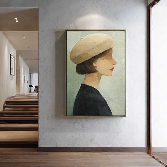 Vintage Elegant Woman Portrait with Beige Beret Textured Impasto Wall Art, Muted Black Beige Green Tone Minimalist Canvas Painting for Living Room Bedroom Dining Room Office Hallway Home Decor
