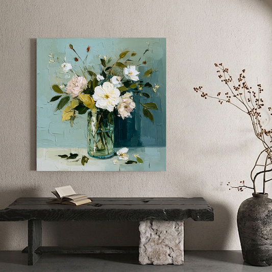 Elegant White and Pink Floral Still Life Impasto Wall Art, Vintage Botanical Vase Painting with Soft Green and Blue Background, Textured Modern Home Decor for Living Room Bedroom Office Dining Room Hallway