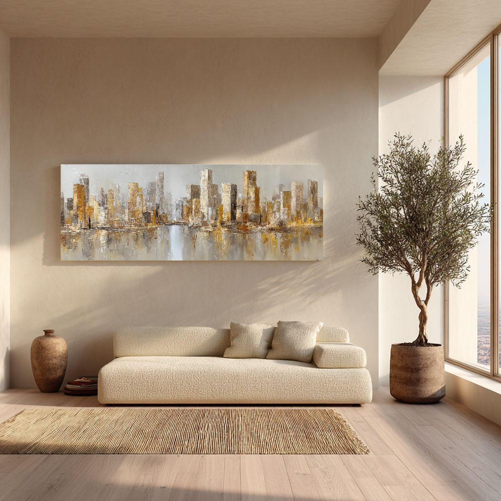 Abstract Modern Urban Cityscape Skyline Wall Art Gold and Grey Textured Panoramic Canvas Painting with River Reflection Elegant Minimalist Decor for Living Room Office Hallway Bedroom Dining Room