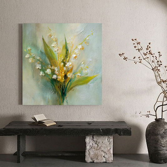 Elegant White Lily of the Valley Impasto Oil Painting Canvas Wall Art Soft Pastel Green and Yellow Floral Artwork Vintage Textured Home Decor for Living Room Bedroom Office Dining Hallway