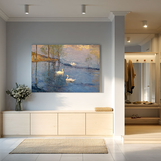 Vintage Impasto White Swan Lake Sunset Canvas Wall Art, Elegant Blue Water Golden Light Tree Reflection, Soft Impressionist Nature Scene, Tranquil Forest Wetland Artwork for Living Room Bedroom Office Hallway Dining Home Decor
