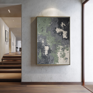 Abstract Textured Dark Green, Medium Grey, White & Beige Thick Impasto Wall Art Modern Muted Non-Representational Decor for Contemporary Home Office Hallway Dining Bedroom Living Room Spaces