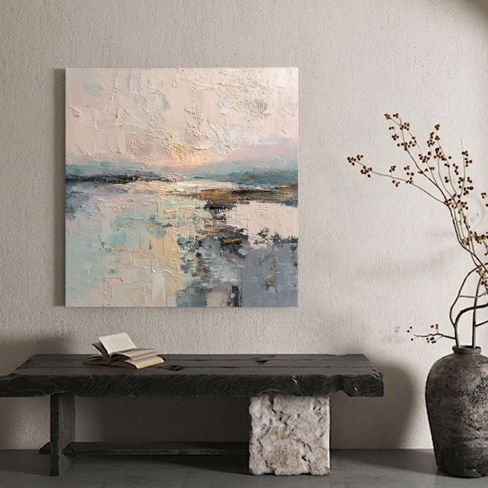 Abstract Ocean Sky Landscape Textured Wall Art, Soft Pink Beige Blue White Impasto Painting for Modern Home Decor, Calm Nature Inspired Artwork for Living Room Bedroom Office