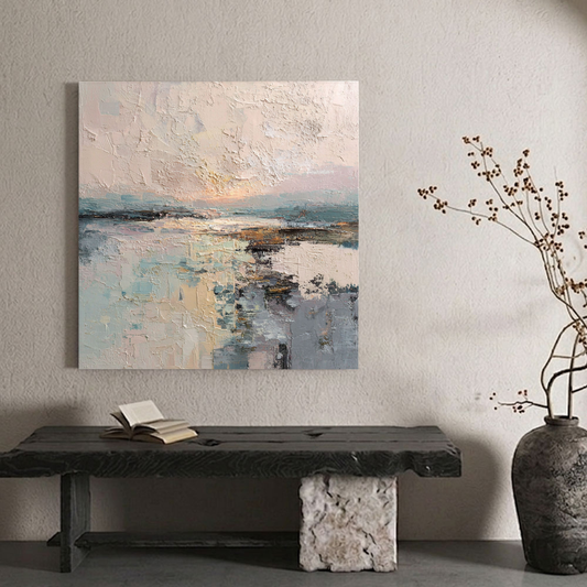 Abstract Ocean Sky Landscape Textured Wall Art, Soft Pink Beige Blue White Impasto Painting for Modern Home Decor, Calm Nature Inspired Artwork for Living Room Bedroom Office