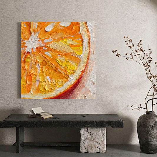 Vibrant Close-Up Orange Citrus Slice Impasto Wall Art Thick Textured Knife Brush Strokes Modern Colorful Abstract Fruit Painting for Kitchen Dining Living Room Bedroom Office Hallway