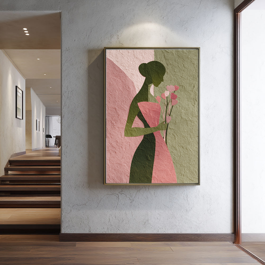 Abstract Minimalist Female Portrait Silhouette with Soft Pink Muted Green Tones, Holding Delicate Heart-Shaped Flower Stems Textured Canvas Print Wall Decor for Modern Home Office Styling