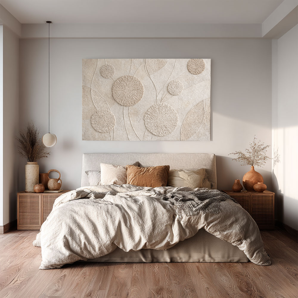 Minimalist Textured Beige White Abstract Floral Circular Lines Plaster Wall Art for Modern Neutral Living Room Bedroom Hallway Office Dining Room Interiors