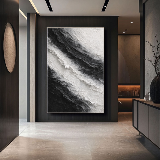 Black and White Abstract Textured Impasto Wall Art for Modern Minimalist Spaces – Monochrome Bold Waves Thick Knife Marks Artwork for Living Room Bedroom Office Dining Hallway Decor