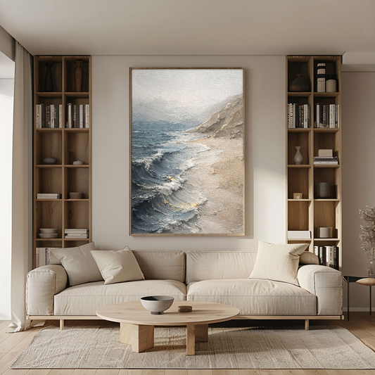 Textured Blue Beige White Coastal Beach Ocean And Sky Impasto Wall Art Abstract Neutral Decorative Artwork Modern Minimalist Landscape Painting For Living Room Bedroom Office Dining Room
