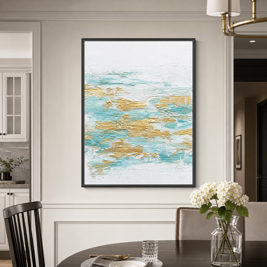 Abstract Turquoise White Gold Textured Contemporary Vertical Wall Art for Living Room