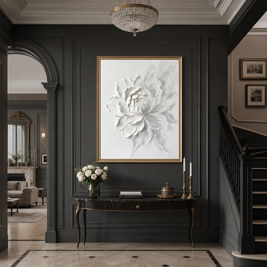 White Flower Textured Contemporary Vertical 3D Relief Wall Art for Living Room Bedroom