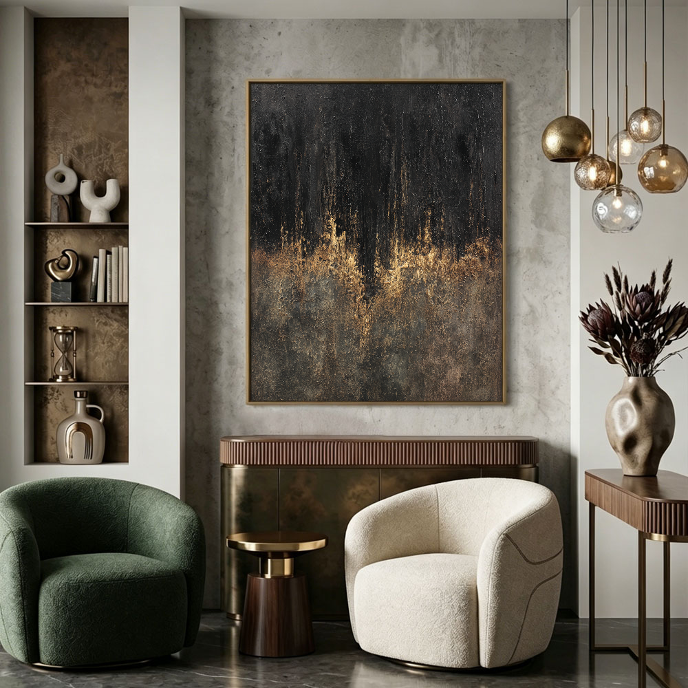 Moody Black Dark Grey Brown Gold Abstract Textured Wall Art Modern Dark Minimalist Impasto Canvas Painting for Contemporary Office Hallway Dining Room Bedroom Living Room Decor
